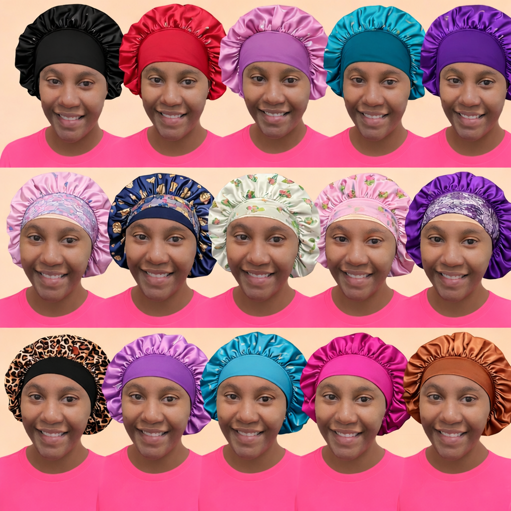 Silky Satin Multi-Color Decorative Headband Bonnet – Large, Adjustable Fit for Braids, Locs & Natural Hair
